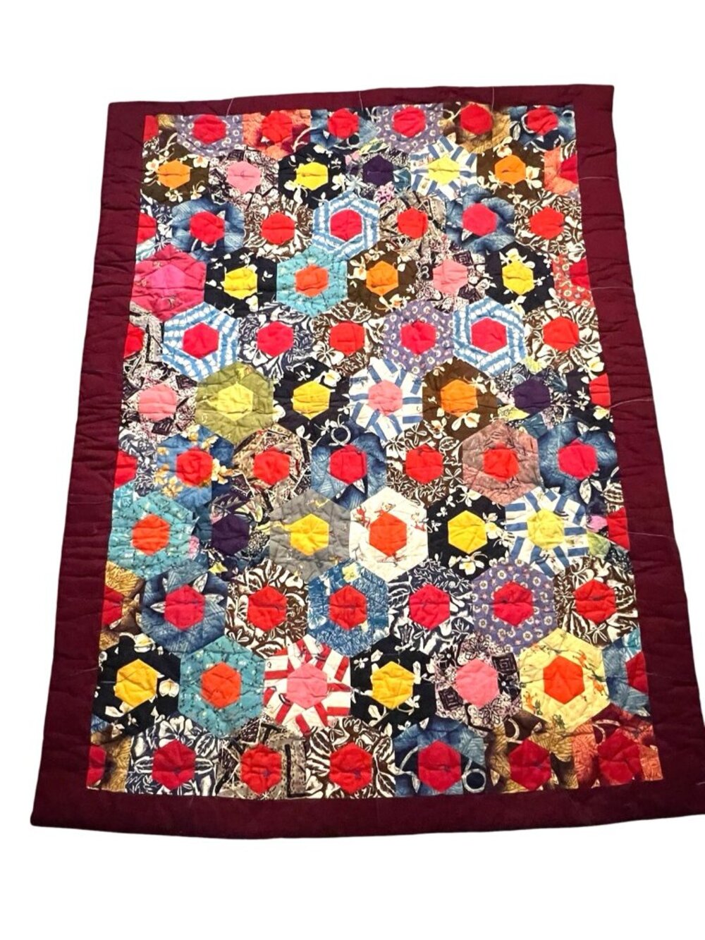 vtg Artizan Hand Tied Boho Luxe Patchwork Floral Blossom Quilt 60x70'' heavy - Picture 2 of 8